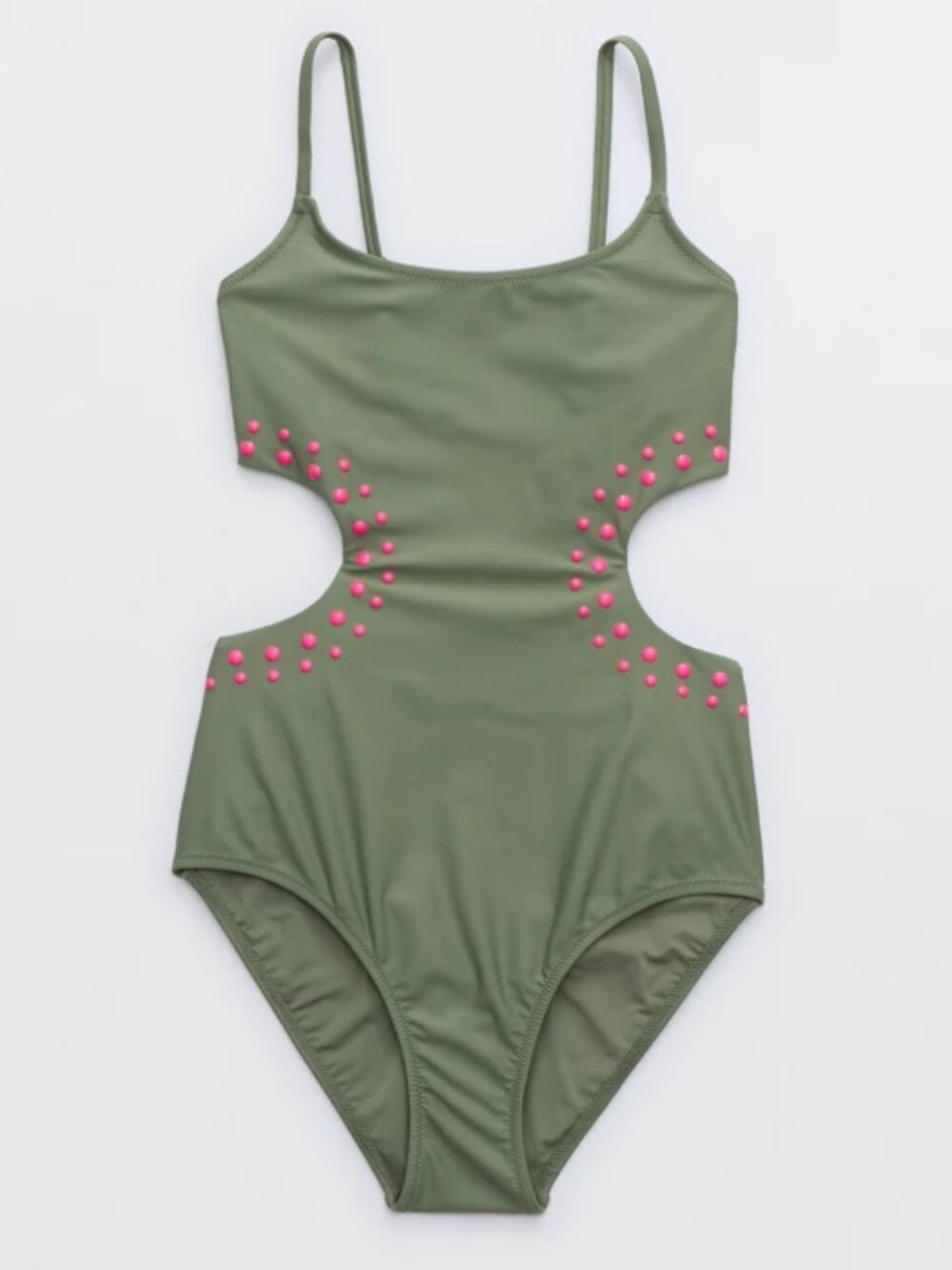 Aerie Green Pink Studded Cut Out Full Coverage One Piece Swimsuit